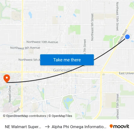NE Walmart Supercenter to Alpha Phi Omega Information Booth map