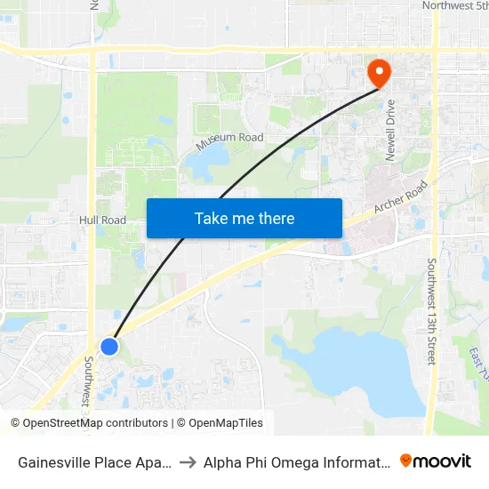 Gainesville Place Apartments to Alpha Phi Omega Information Booth map