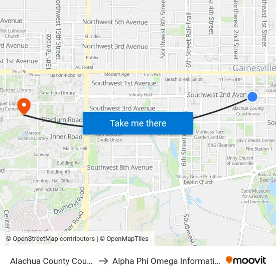 Alachua County Courthouse to Alpha Phi Omega Information Booth map