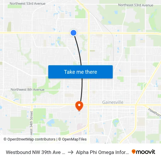 Westbound NW 39th Ave @ NW 19th Ter to Alpha Phi Omega Information Booth map