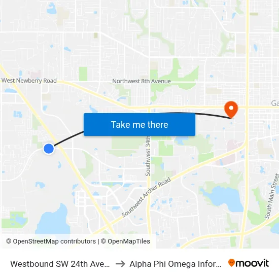 Westbound SW 24th Ave @ SW 61st St to Alpha Phi Omega Information Booth map