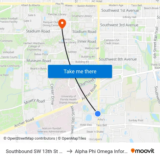 Southbound SW 13th St @ SW 14th Ave to Alpha Phi Omega Information Booth map