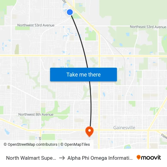 North Walmart Supercenter to Alpha Phi Omega Information Booth map