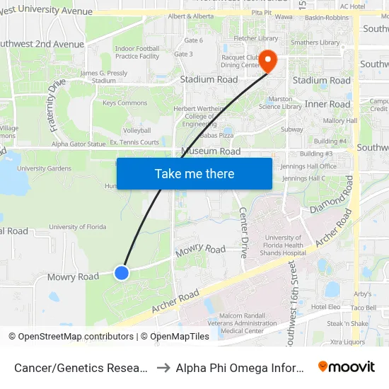 Cancer/Genetics Research Complex to Alpha Phi Omega Information Booth map