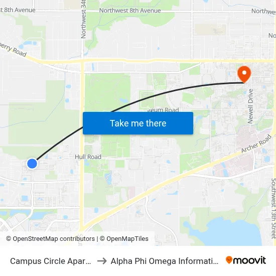 Campus Circle Apartments to Alpha Phi Omega Information Booth map
