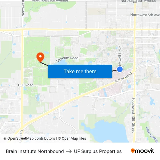 Brain Institute Northbound to UF Surplus Properties map