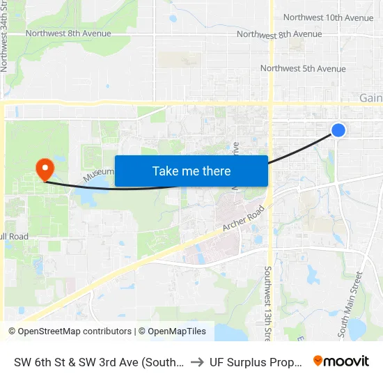 SW 6th St & SW 3rd Ave (Southbound) to UF Surplus Properties map