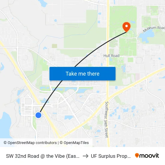 SW 32nd Road @ the Vibe (Eastbound) to UF Surplus Properties map