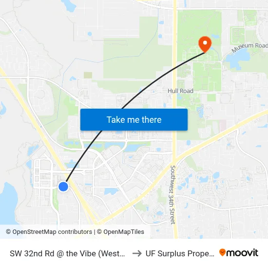 SW 32nd Rd @ the Vibe (Westbound) to UF Surplus Properties map