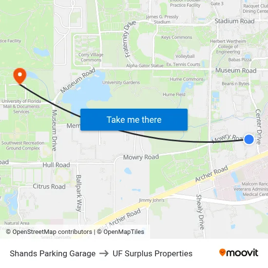 Shands Parking Garage to UF Surplus Properties map
