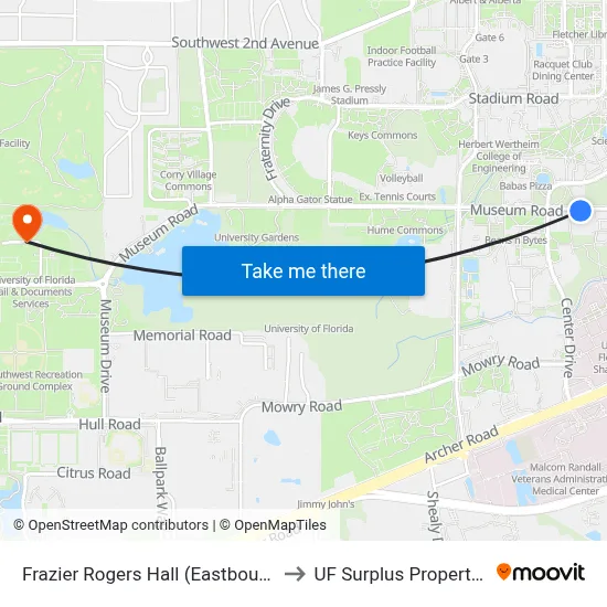 Frazier Rogers Hall (Eastbound) to UF Surplus Properties map