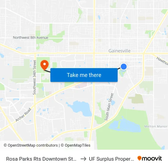 Rosa Parks Rts Downtown Station to UF Surplus Properties map