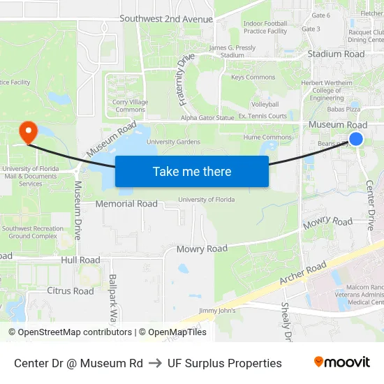 Center Dr @ Museum Rd to UF Surplus Properties map