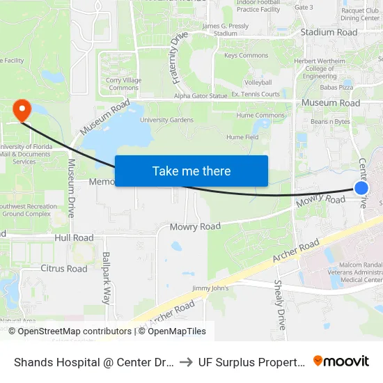 Shands Hospital @ Center Drive to UF Surplus Properties map