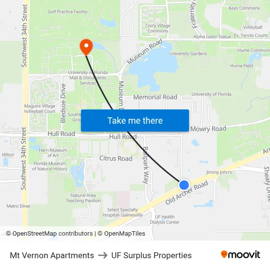 Mt Vernon Apartments to UF Surplus Properties map