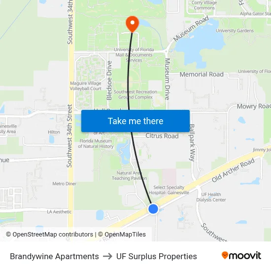 Brandywine Apartments to UF Surplus Properties map