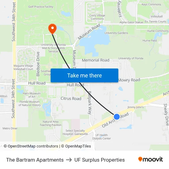 The Bartram Apartments to UF Surplus Properties map