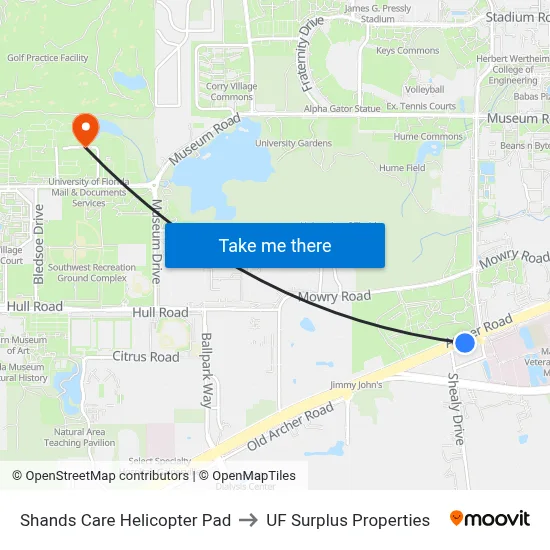 Shands Care Helicopter Pad to UF Surplus Properties map