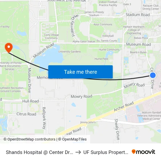 Shands Hospital @ Center Drive to UF Surplus Properties map