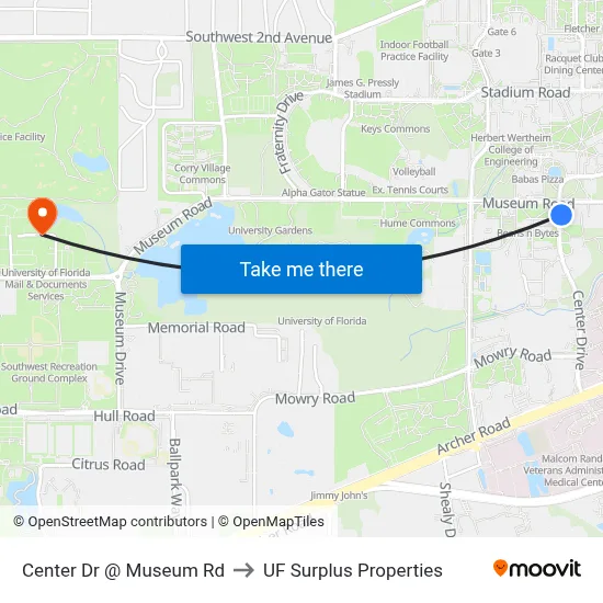 Center Dr @ Museum Rd to UF Surplus Properties map