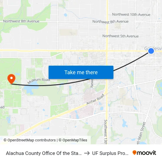 Alachua County Office Of the State Attorney to UF Surplus Properties map