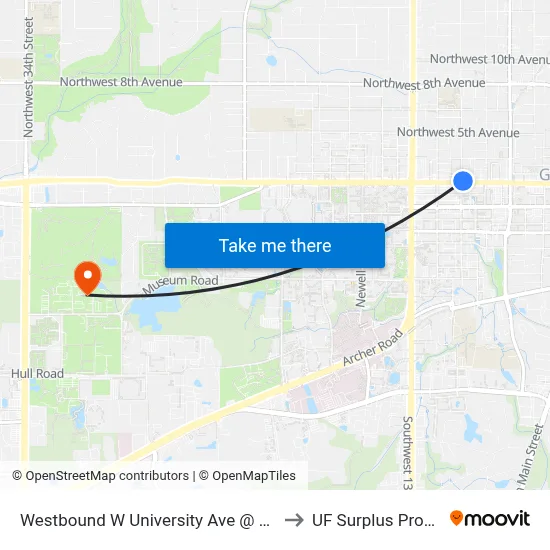 Westbound W University Ave @ NW 10th St to UF Surplus Properties map