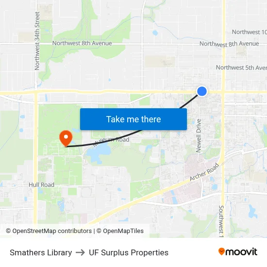 Smathers Library to UF Surplus Properties map