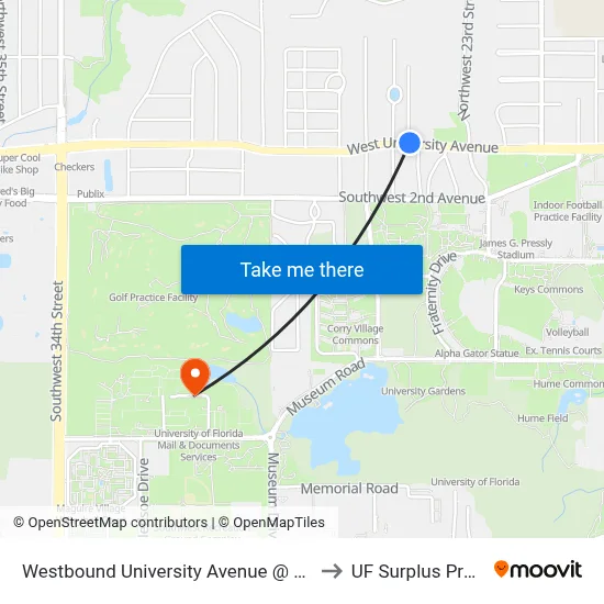 Westbound University Avenue @ NW 23rd Drive to UF Surplus Properties map