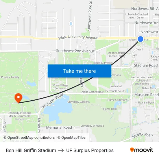 Ben Hill Griffin Stadium to UF Surplus Properties map