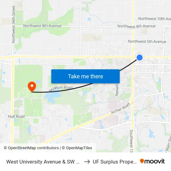 West University Avenue & SW 12th St to UF Surplus Properties map