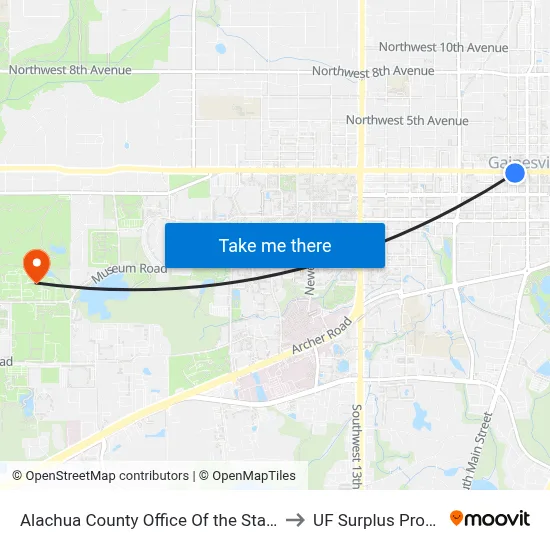 Alachua County Office Of the State Attorney to UF Surplus Properties map