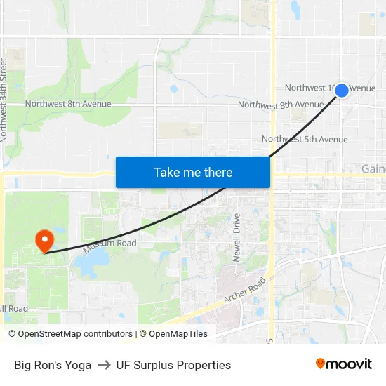 Big Ron's Yoga to UF Surplus Properties map