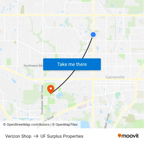 Verizon Shop to UF Surplus Properties map