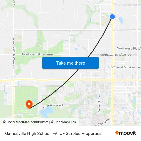 Gainesville High School to UF Surplus Properties map