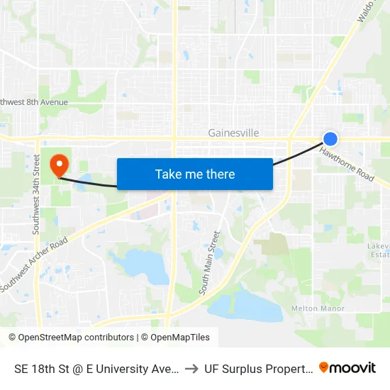 SE 18th St @ E University Avenue to UF Surplus Properties map