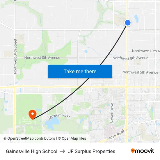 Gainesville High School to UF Surplus Properties map