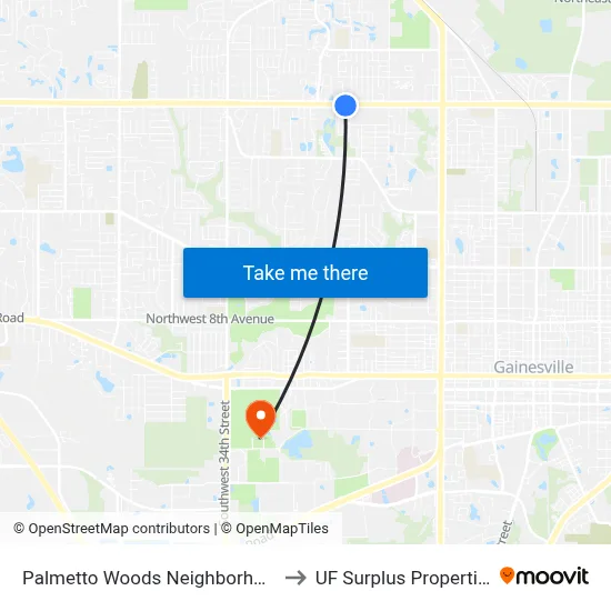 Palmetto Woods Neighborhood to UF Surplus Properties map