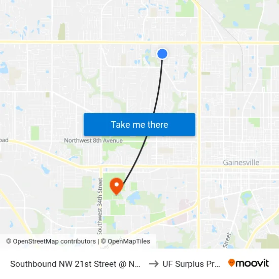 Southbound NW 21st Street @ NW 36th Avenue to UF Surplus Properties map