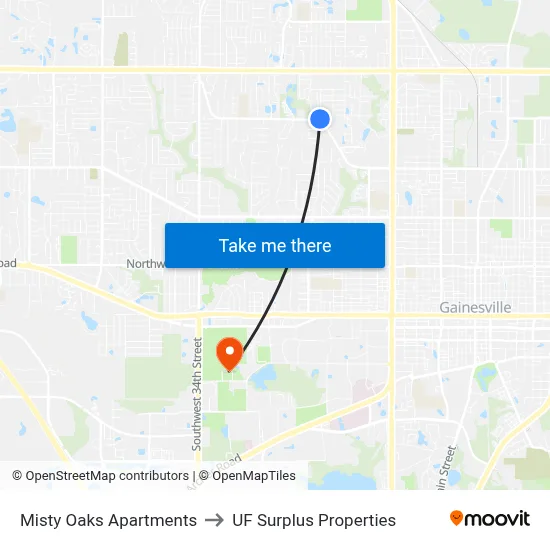 Misty Oaks Apartments to UF Surplus Properties map