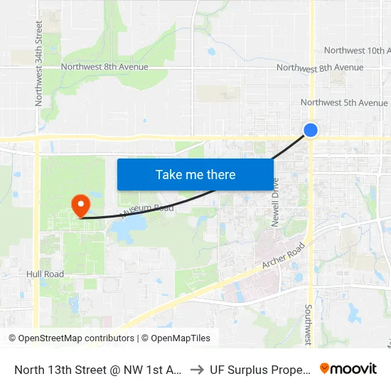 North 13th Street @ NW 1st Avenue to UF Surplus Properties map