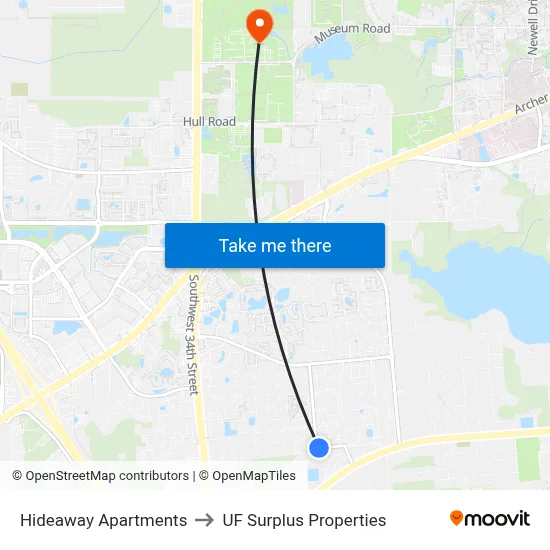 Hideaway Apartments to UF Surplus Properties map