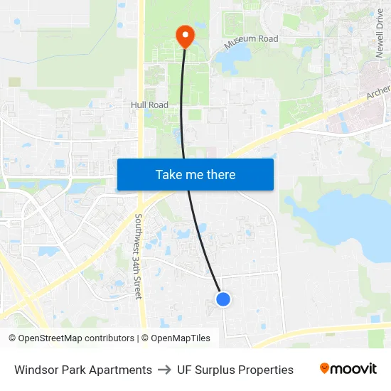 Windsor Park Apartments to UF Surplus Properties map