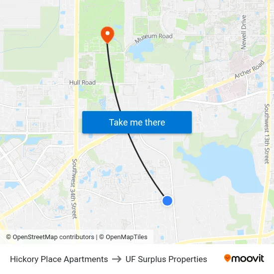 Hickory Place Apartments to UF Surplus Properties map