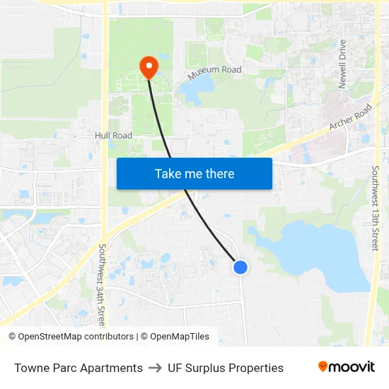 Towne Parc Apartments to UF Surplus Properties map