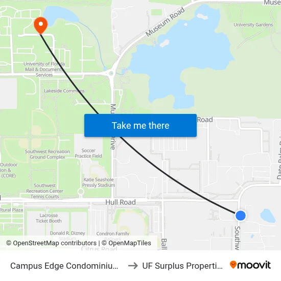 Campus Edge Condominiums to UF Surplus Properties map