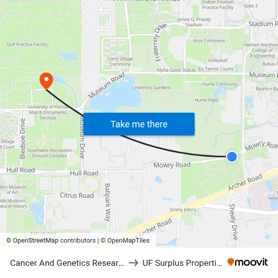 Cancer And Genetics Research to UF Surplus Properties map