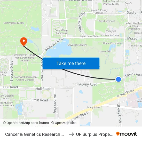 Cancer & Genetics Research Center to UF Surplus Properties map
