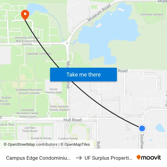 Campus Edge Condominiums to UF Surplus Properties map