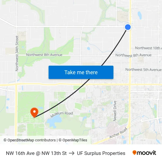 NW 16th Ave @ NW 13th St to UF Surplus Properties map