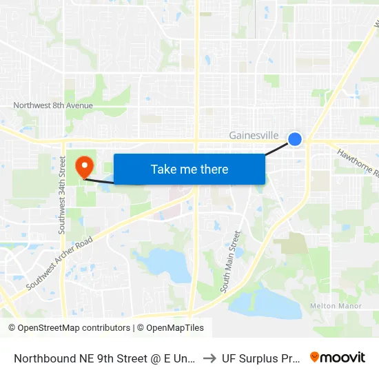 Northbound NE 9th Street @ E University Avenue to UF Surplus Properties map
